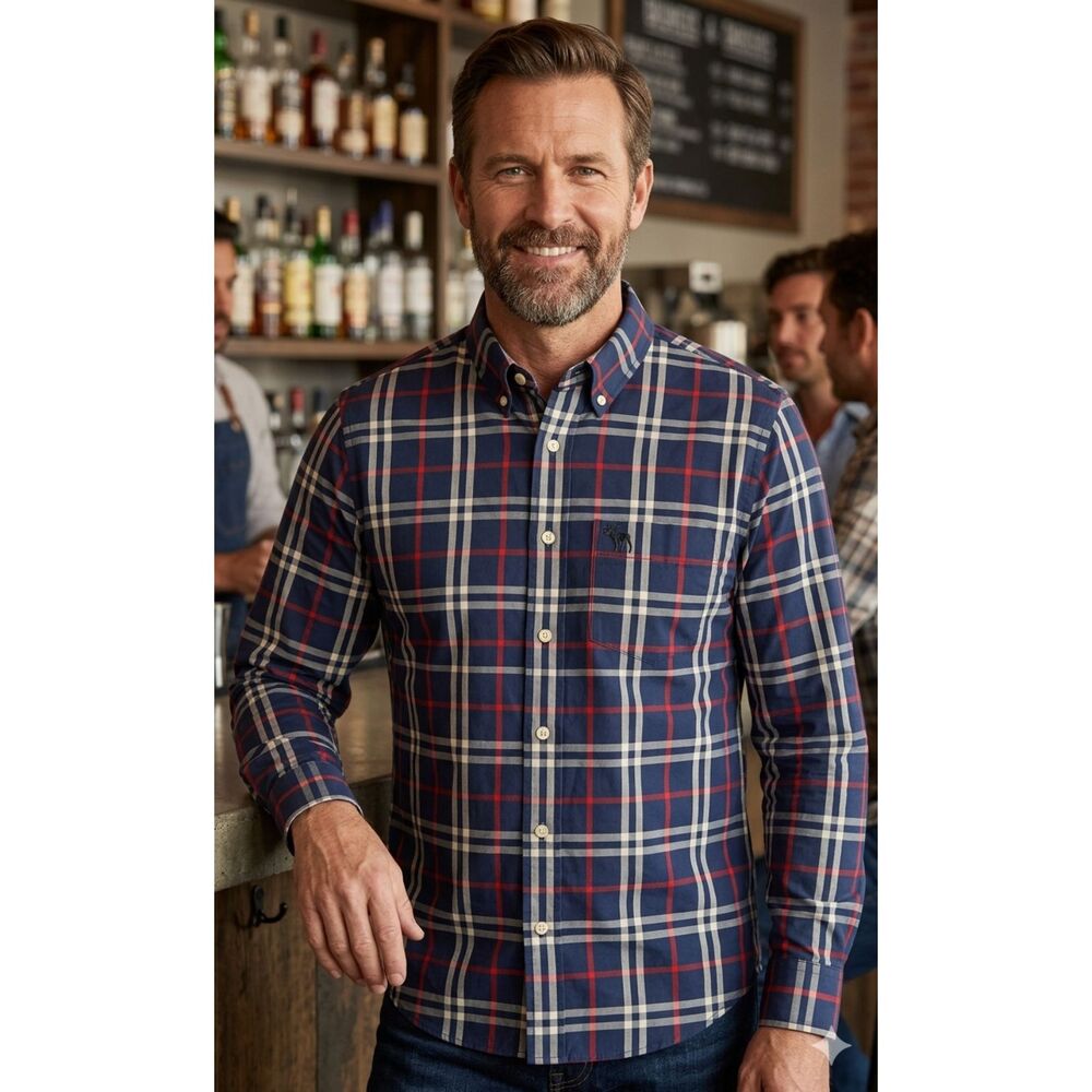 Abercrombie & Fitch Shirt Mens XXL Blue Plaid Muscle Long Sleeve Button Up Prep
